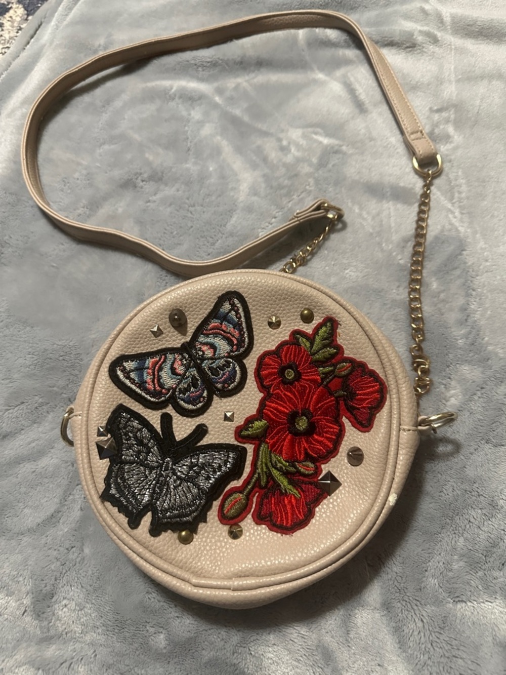 Round Floral & Butterfly Embroidered Crossbody Bag - Cream